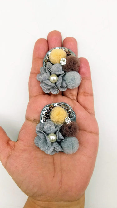 Hand Embroidered Grey, Yellow And Brown Floral Applique, 2 Pcs